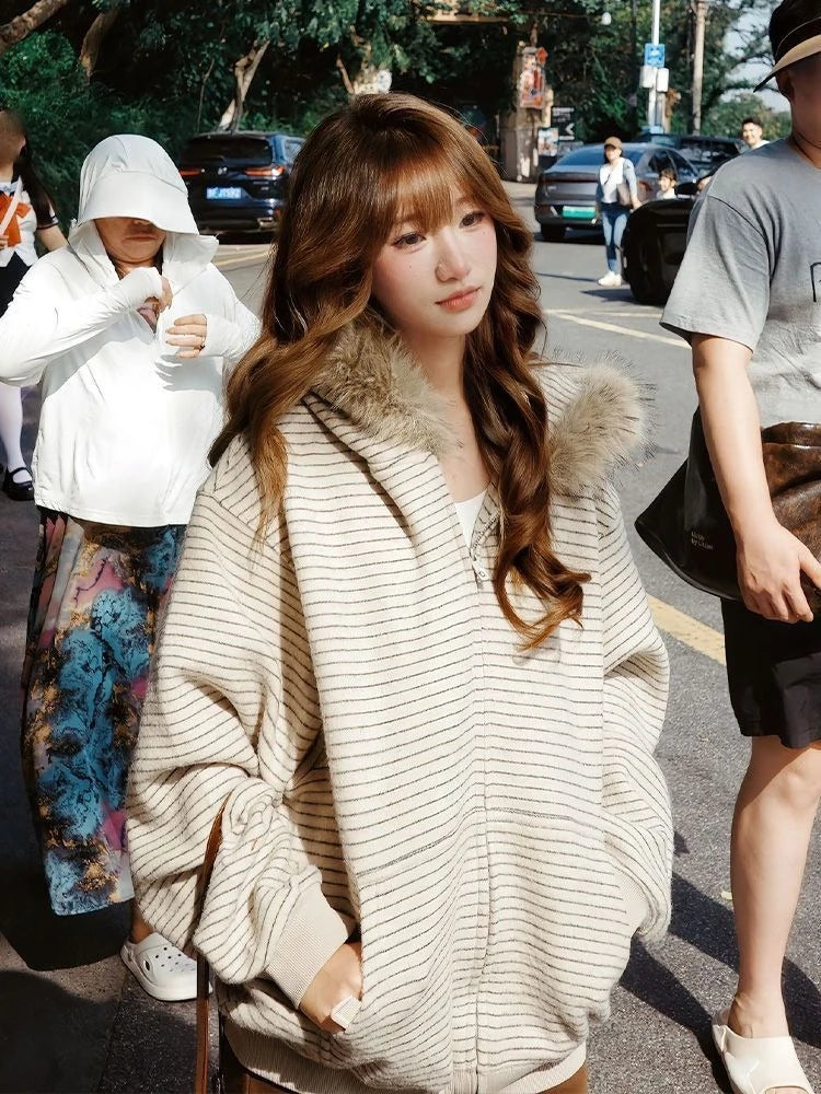 American Vintage Long Sleeve Hoodie Women Harajuku Casual Striped Sweatshirt Zipper Streetwear Faux Fur Sweet 2025 Autumn BAZAARHUBO