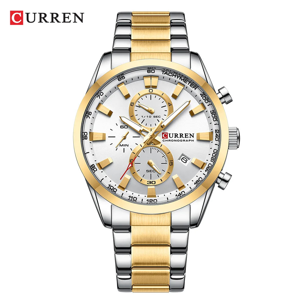 CURREN  New Sports Multifunction Stainless Steel Band Watches Fashion Brand Quartz Men's Wristwatches with Date