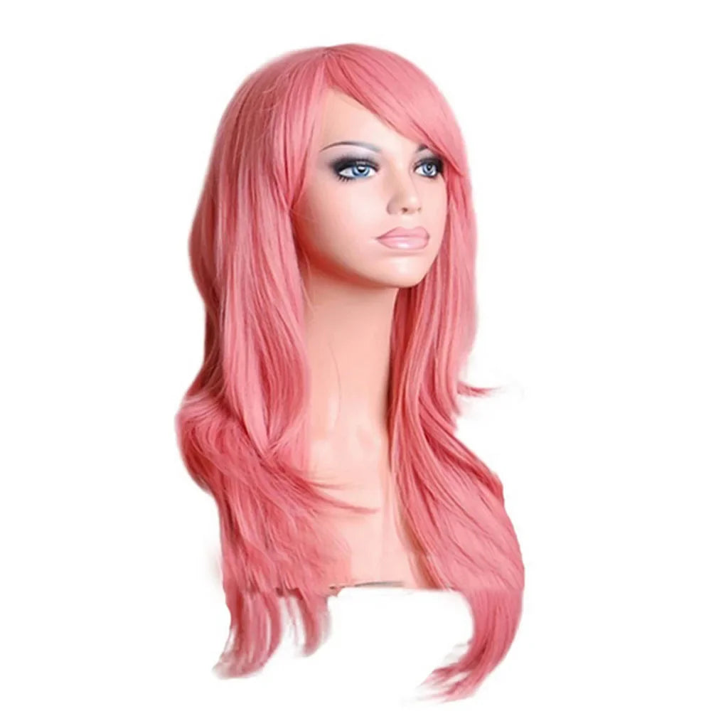 QQXCAIW Long Wavy Cosplay Wig Red Green Purple Pink Black Blue Sliver Gray Blonde Brown 70 Cm Synthetic Hair Wigs