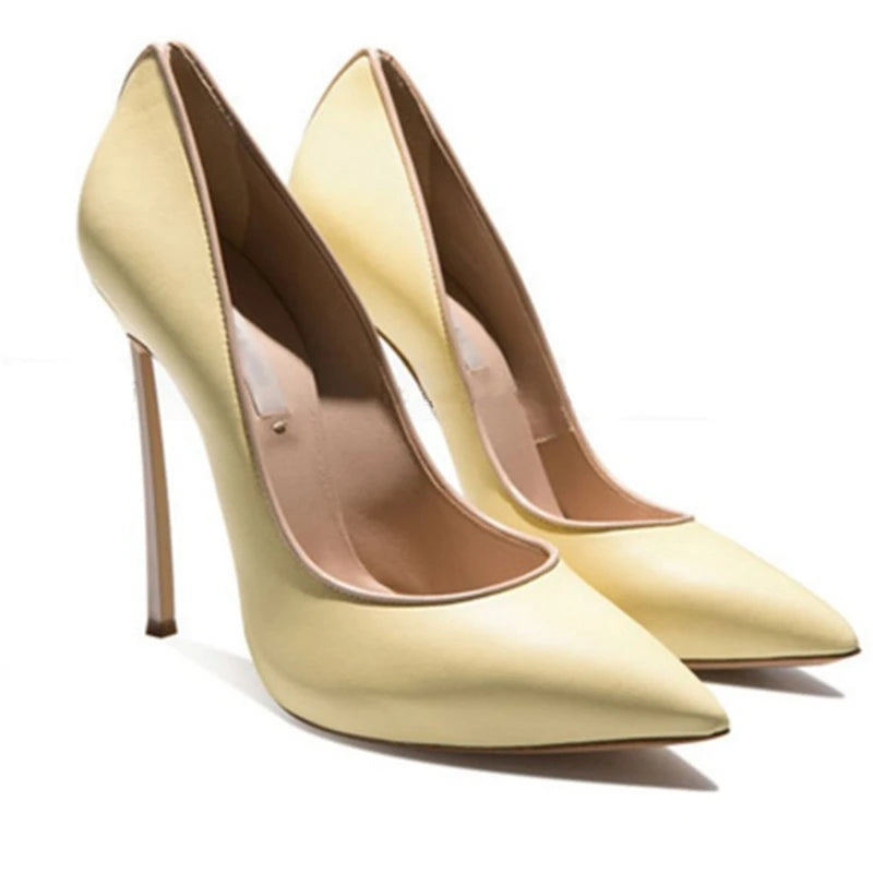 Spring and Autumn New Pointed Shallow Leather Single Shoes Metal Fine High Heel Banquet Dress Customized Large Size Women's Shoe