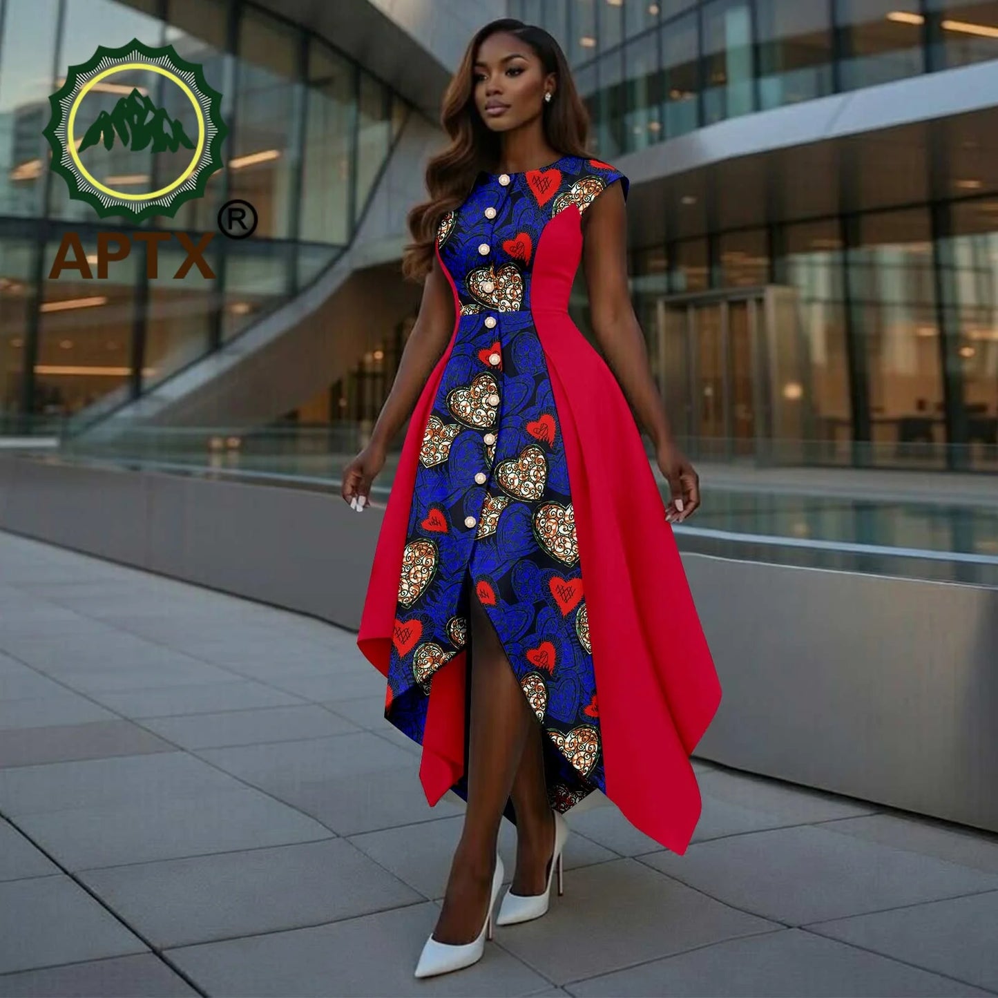 African Dress for Women Ankara Print O-Neck Short sleeve Ankle-Length Patchwork Asymmetrical Dress Dashiki Casual Party