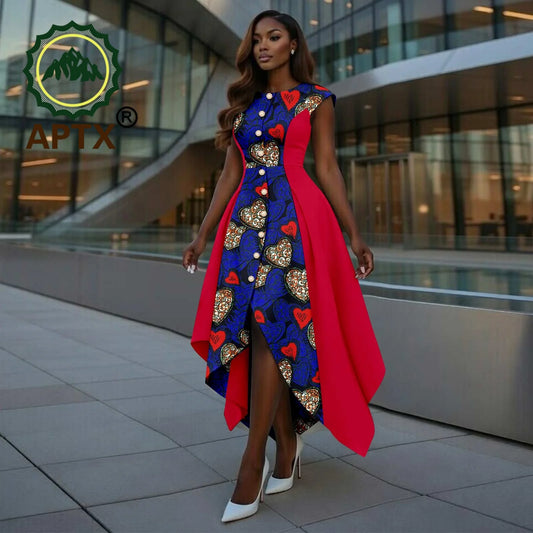 African Dress for Women Ankara Print O-Neck Short sleeve Ankle-Length Patchwork Asymmetrical Dress Dashiki Casual Party