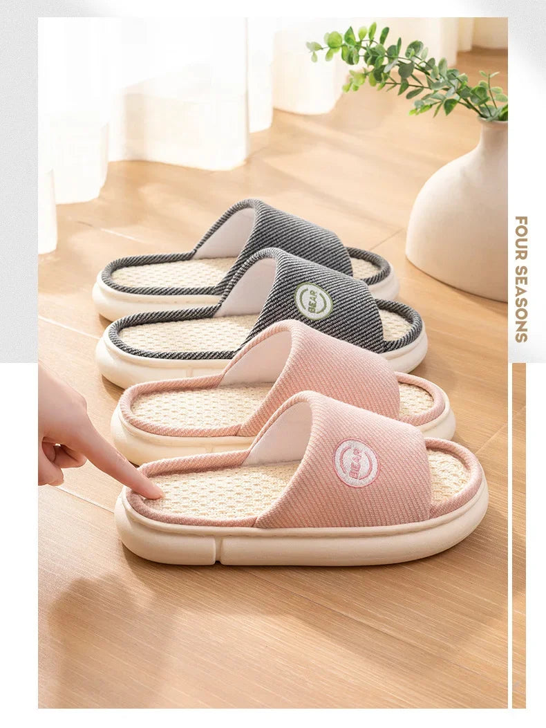 Couples Home Linen Slippers Women Indoor Soft Comfortable Bedroom Slides Men Leisure Non Slip House Shoes Platform Cotton Flats