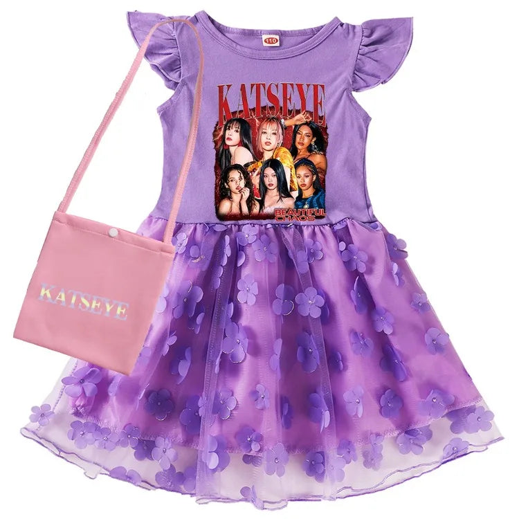 KATSEYE Kpop Clothes Kids Cartoon Summer Dress&bag Baby Girls Fly Sleeve Casual Dresses Girl Sequin Mesh Party Princess Vestidos