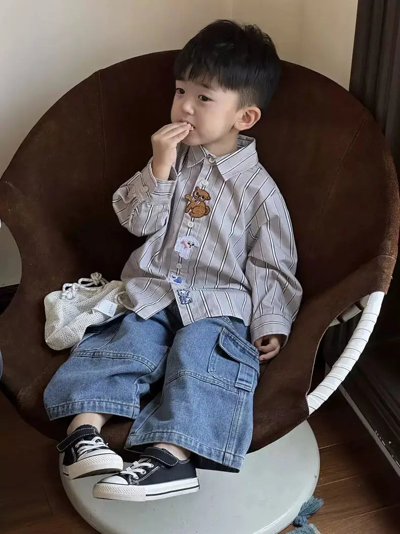 Boys Jeans Korean Style All-match Loose Cargo Pants Kids Fashion Brand Mid-small Children Autumn Casual Straight Pants Spring
