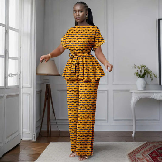 African Women's Printed Ankara Slash Neck Short Sleeve Top Mid-Calf Pants two-piece Set Dashiki Casual Party