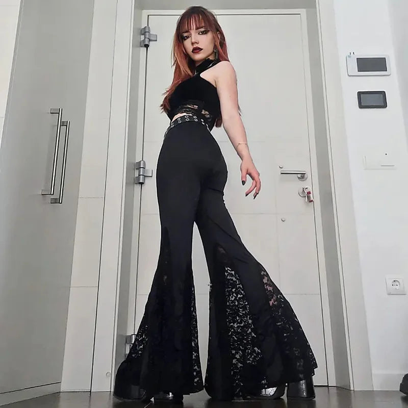 Goth Mall Flare Pants Sexy Black Lace Patchwork High Waist Vintage Harajuku Hippie Punk Grunge Streetwear  Y2k Pants