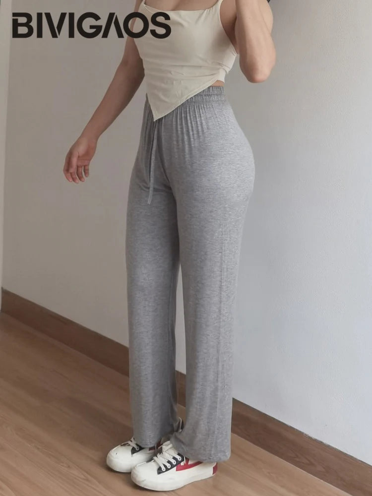 BIVIGAOS Summer Drawstring Ultra-thin Modal Wide Leg Pants Women High Waist Drape Casual Sport Pants Gray Sunscreen Fitness Pant