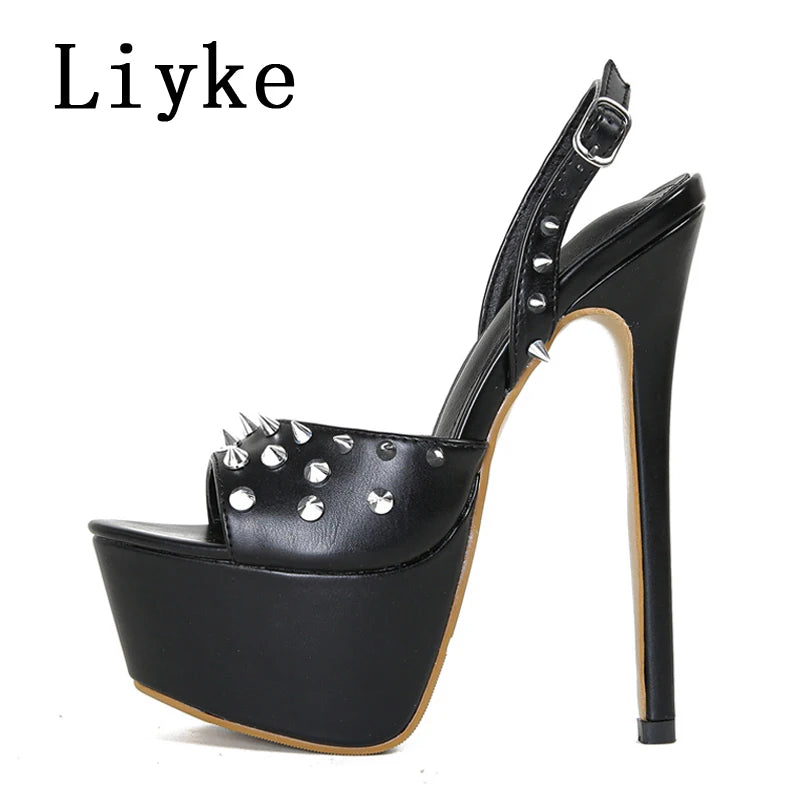 Liyke Brand Design Metal Rivet Open Toe Pink High Heels Platform Sandals For Women Summer Fashion Back Strap Party Dress Shoes