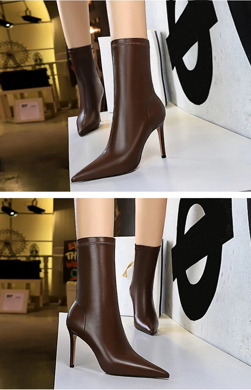 Eilyken Fashion Winter High Quality Soft PU Leather Socks Women Ankle Boots Street Style Pointed Toe Thin Heels Ladies Botines