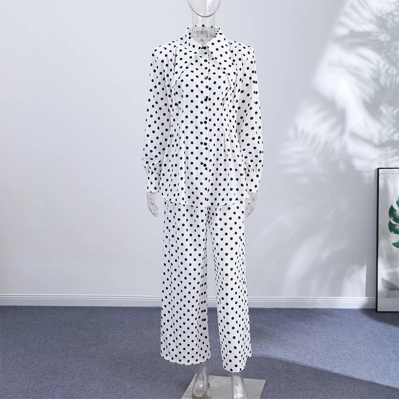 Elegant Dot Shirt Pants Women Set Casual Lapel Button Pleated Blouse Wide Leg Trousers 2026 Spring Summer Chic Lady Outfit New