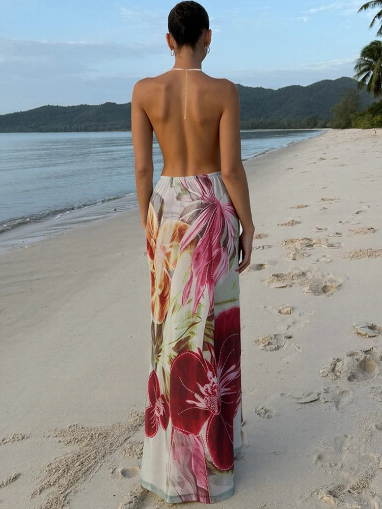 kliou Floral Print Women Dress Vacation Beach Style Suspendency Backless Halter Split Thin Vestidos Female Trend Attractive Wear
