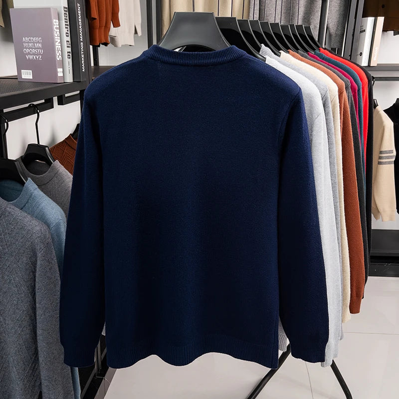 2026 Men's V-Neck Basic Solid Color Sweatshirt Warm Autumn Knitted Oversize Pullover Elastic round Neck Sweater for Casual Wear BAZAARHUBO
