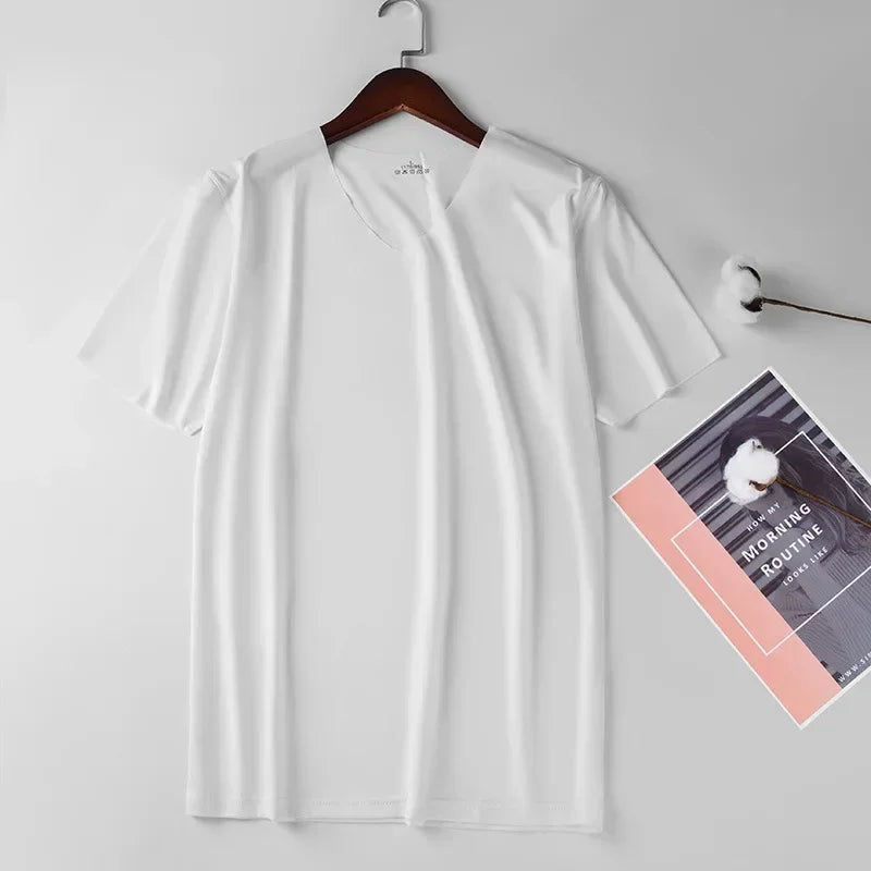Ice Silk Men T-shirts Summer Seamless Sport Underwear Casual V-neck Thin T-shirts Quick Dry Shirt Tops Bottoming Shirt for Men