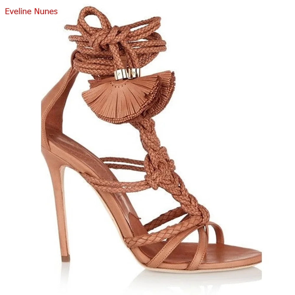 Knotted Braided Leather Sandals Summer New Arrival Ankle Lace-Up Solid Color Fashion Versatile Colorful Pop High Heels Women