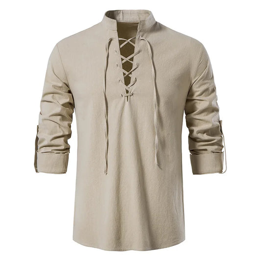 Men's Casual Blouse Cotton Linen Shirt Tops Long Sleeve Tee Shirt Spring Autumn Lace Up Placket Vintage Yoga Shirts