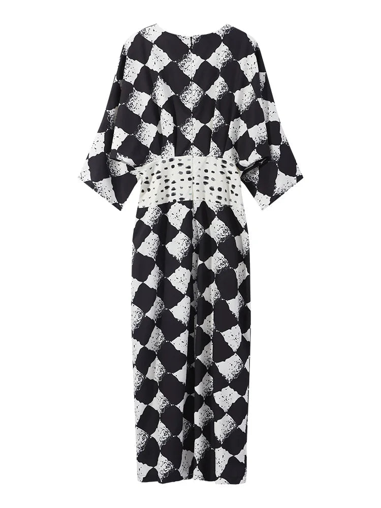 Elegant Plaid Printed Women's Dress V-neck Batwing Sleeve Waist Cinching Long Dress 2026 Spring Summer Casual Holiday Lady Robes