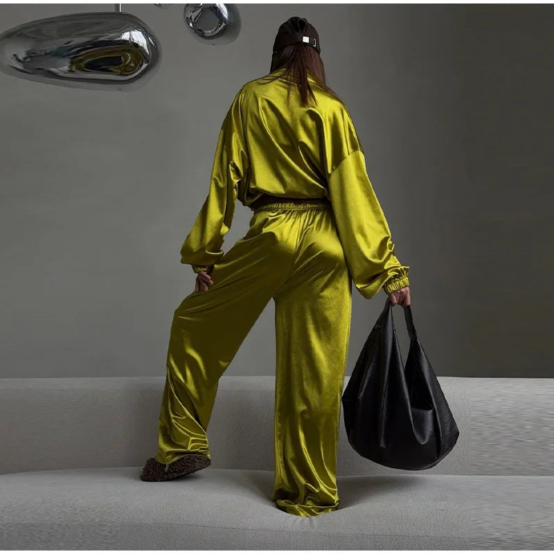 2026 Spring Satin Embroidered Zip-Up Jacket Wide Leg Pants Set Oversized Slouchy Women 2 Pcs Outfit Cool Lady Co-ord Streetwear
