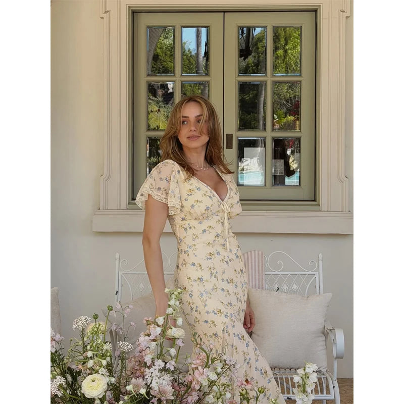 Vintage Print High Neck Midi Dress Belted Waist Bell Sleeve Flared Hem 2026 Summer Spring Chic Women Elegant Wedding Guest Gown