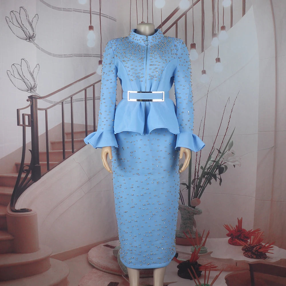 Fashion Suit African Dresses for Woman Rhinestone Turkey Dresses for Women Luxury High Quality Mesh Fabric African Beaded Dress