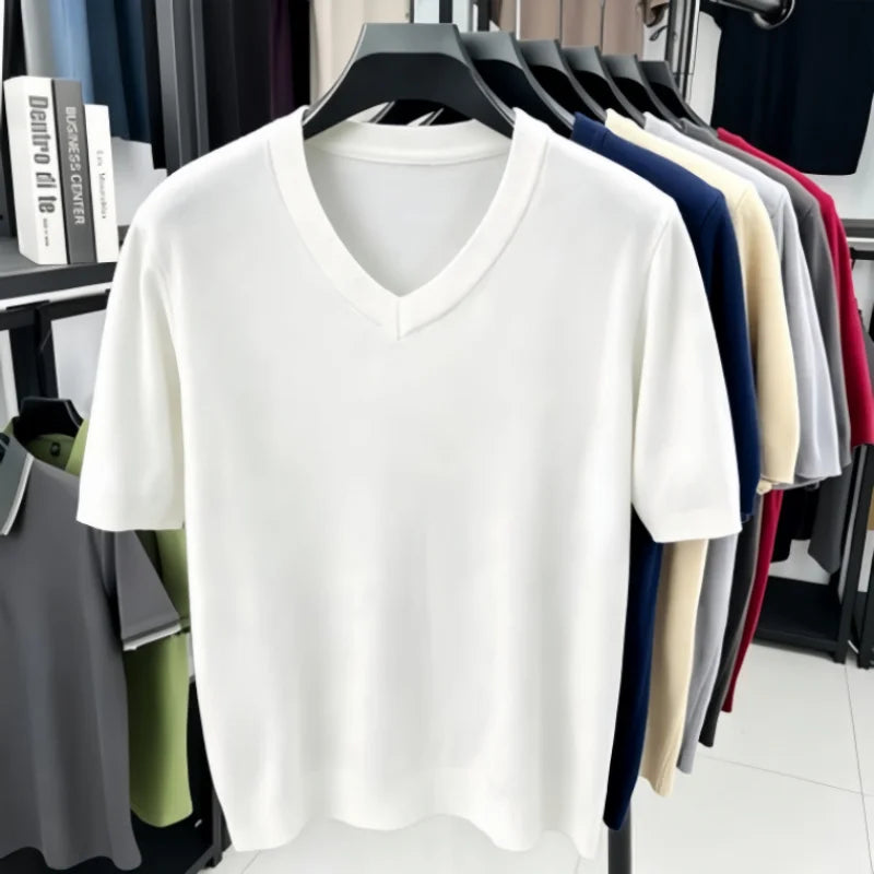 Mens V Neck Short Sleeve Wool Knit Pullover Soft Thin Knitwear For Business Office Daily Casual Spring Summer Basic Tops