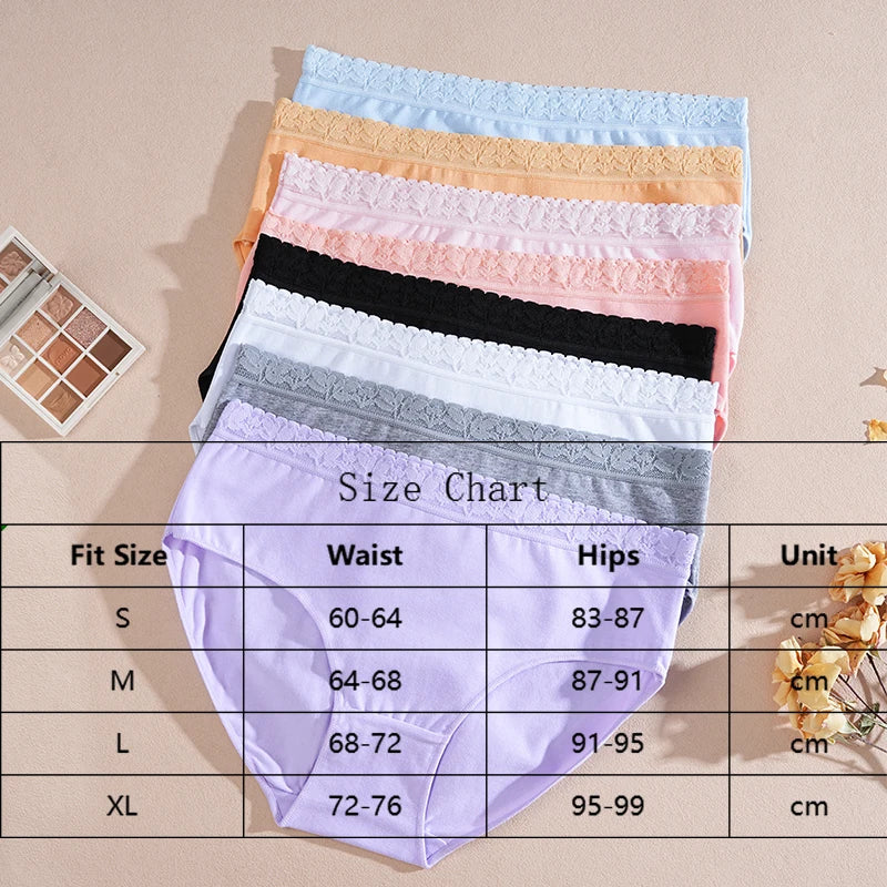 FINETOO 5PCS/Set Women Cotton Panties Sexy Low Waist Briefs Lace Cotton Female Comfortable Underwear Solid Color Soft Lingerie