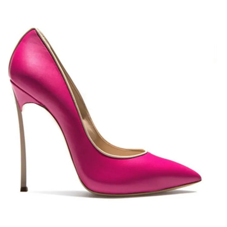 Spring and Autumn New Pointed Shallow Leather Single Shoes Metal Fine High Heel Banquet Dress Customized Large Size Women's Shoe