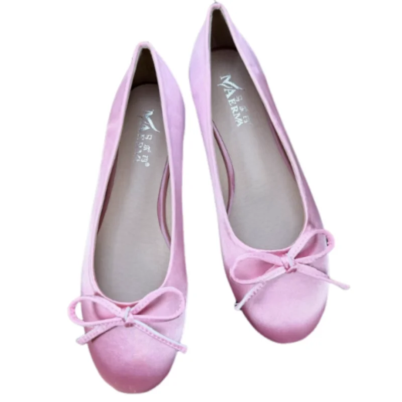 Women Plus Sizes 48 47 33 Dough Shoes With Knot Wide Fitting Round Toe Silk Stain Slip-On Pinkish Gold Blue Footwear Hand-Made