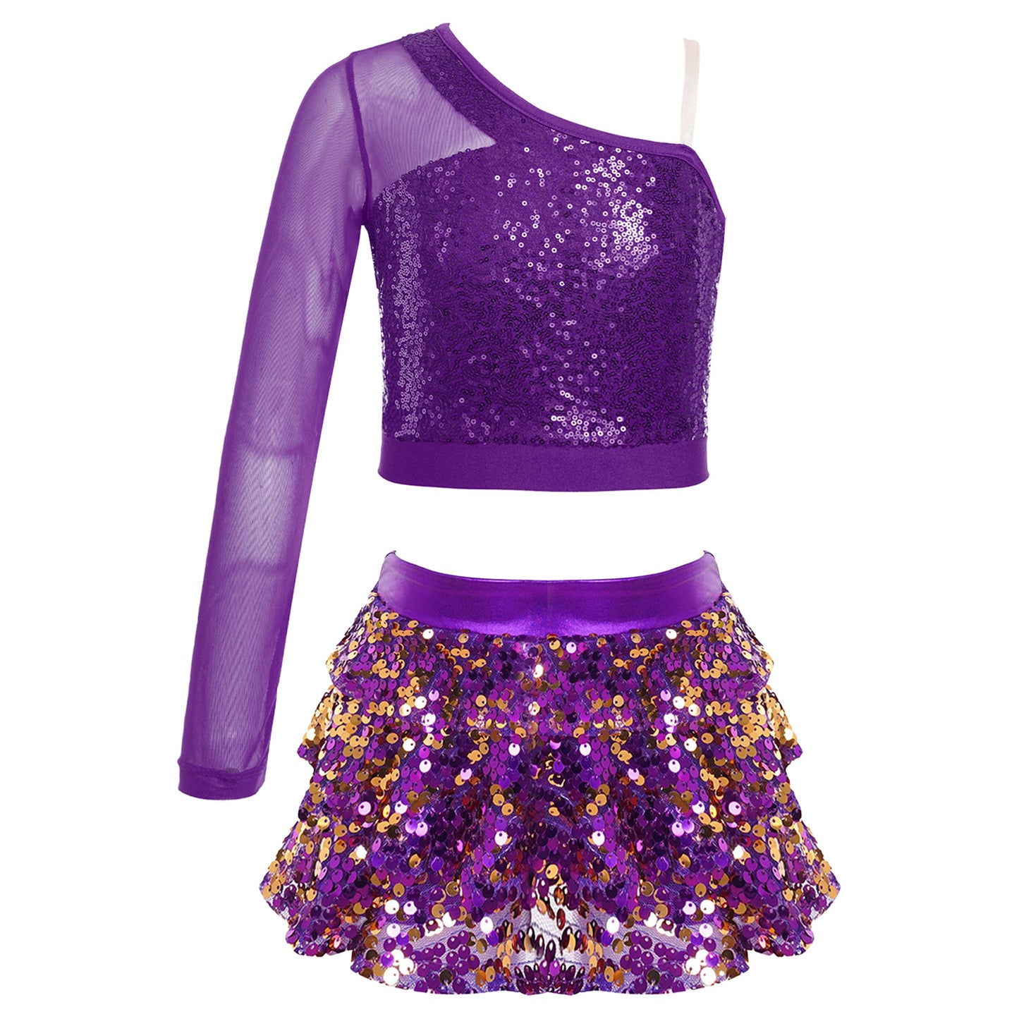 Kids Girls Dance Dresses Latin Jazz Modern Dance Show Costume Sequin Long Sleeve Crop Tops and Skirted Culottes Cheer Dancewear