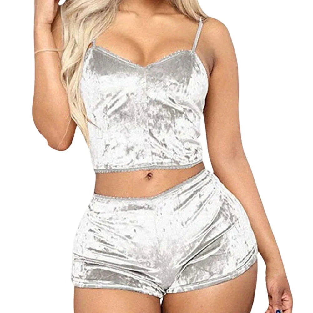 Women Sexy Pajama Set Solid Color V-neck Sleeveless Sexy Underwear Woman Solid Comfortable 2 Piece Lingerie Sleepwear Fashion
