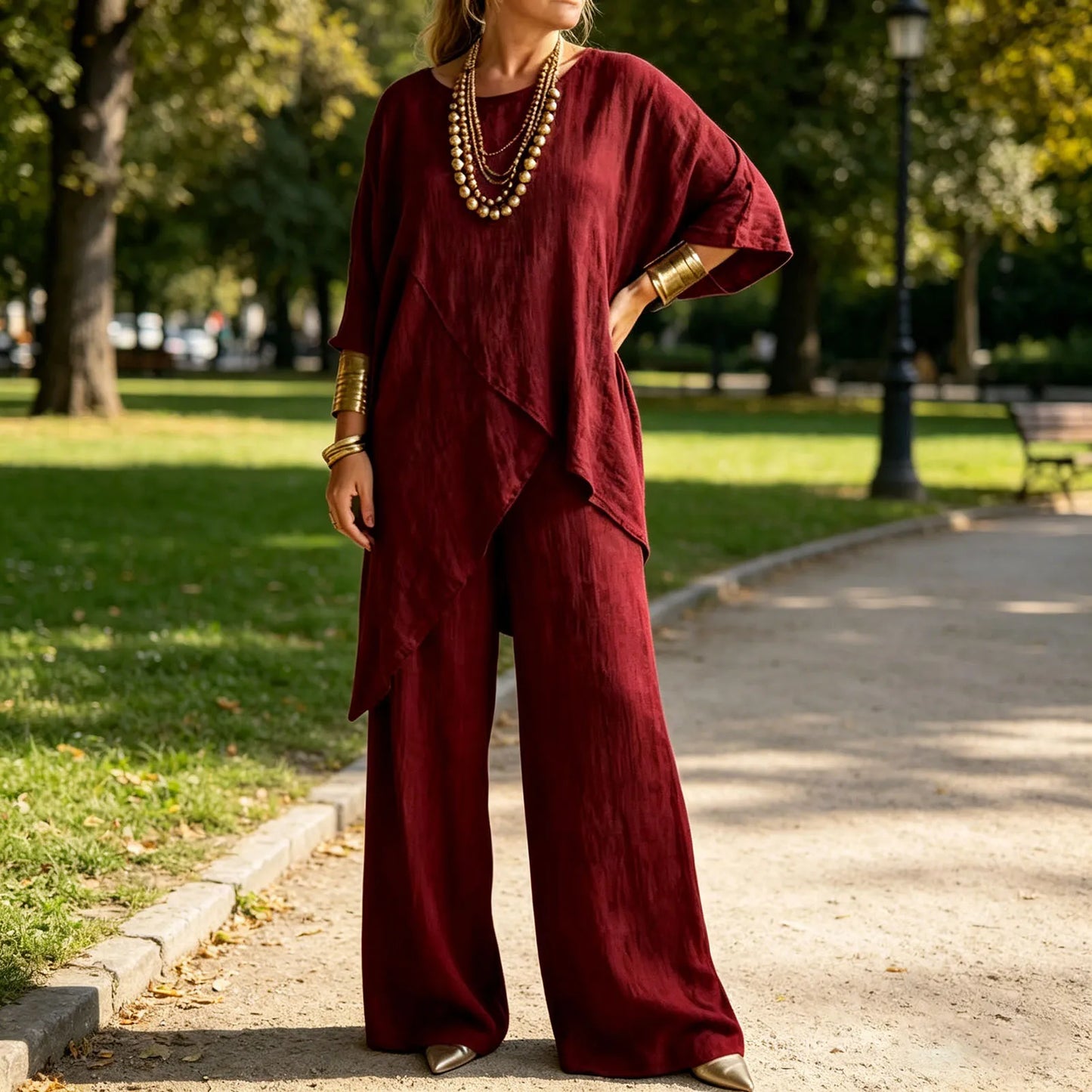 Women's Cotton Linen 2-piece Sets Large Size Casual Wear Sportswear Suit Short-Sleeved O-Neck Top Wide Leg Pants Suits For Women