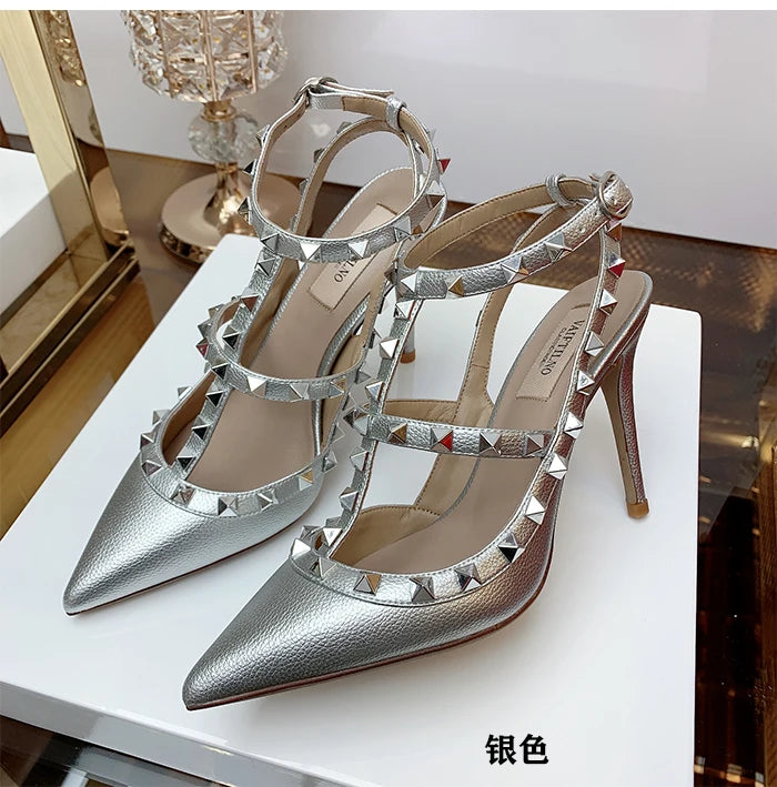 Nude Women's Gladiator sandals Summer 2025 Luxury With Ankle Strap Pointed Toe Fashion Rivet High Heels Party Ladies Shoes Women