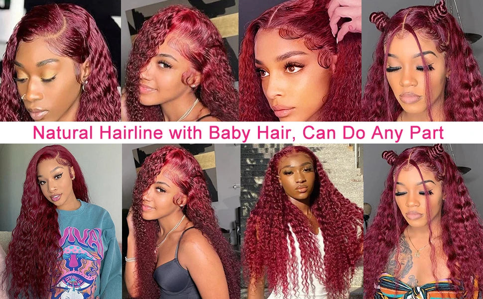 Burgundy 13x6 Hd Lace Front Human Hair Wig Curly Wig Red Wigs 40 Inch Transparent Lace Deep Wave Frontal Wig 99j 200 Density