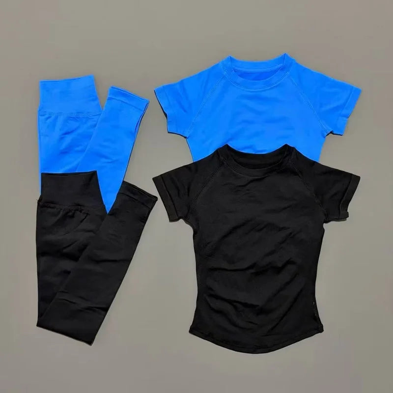 2 Pieces HISTELLO Yoga Set Women Short Sleeve Crop Top Low Waist Butt Lifter Leggings Seamless Breathable Stretch Fitness Sets