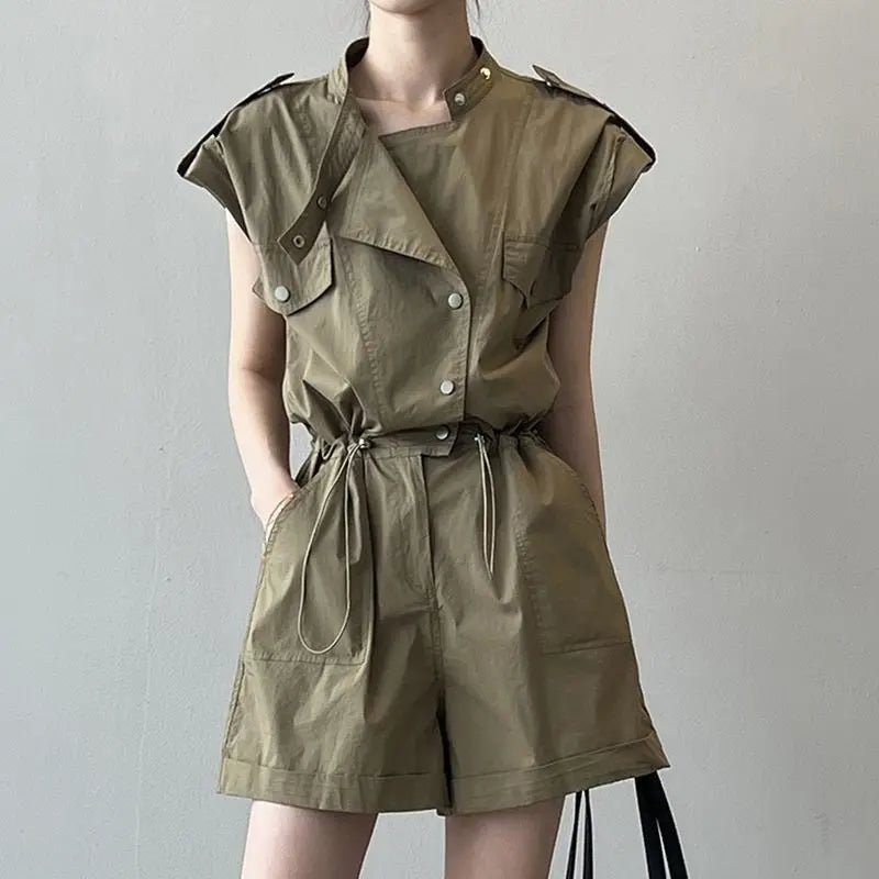 Fashionable Thin Short Pants Jumpsuit Set High Waist Commute Style Tassel Detail Straight Leg Jumpsuit for Summer