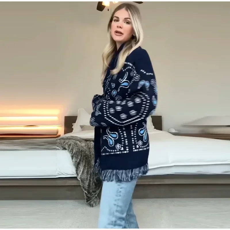 Elegant Print Tassel Cardigan Women Belt V-neck Long Sleeve Loose Knitted Sweaters Female 2025 Autumn Winter Chic Knitwears Lady