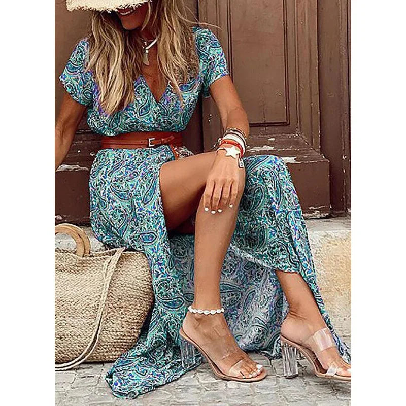 Women Summer Trend Holiday Dress Sexy Casual Elegant V-Neck High Slit Irregular Retro Vintage Print Slim With Belt Midi Dress