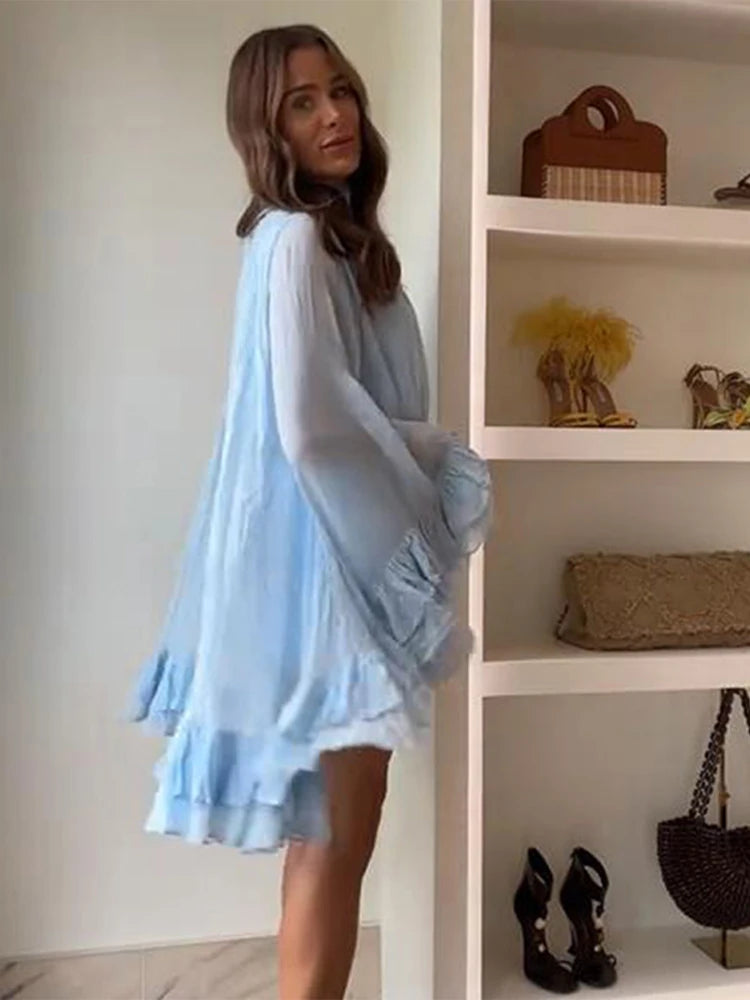 Summer Ruffles Short Dress Women Turtleneck Pleated Loose Turtleneck Flare Sleeve Robes 2025 Fashion Lady Party Holiday Gowns