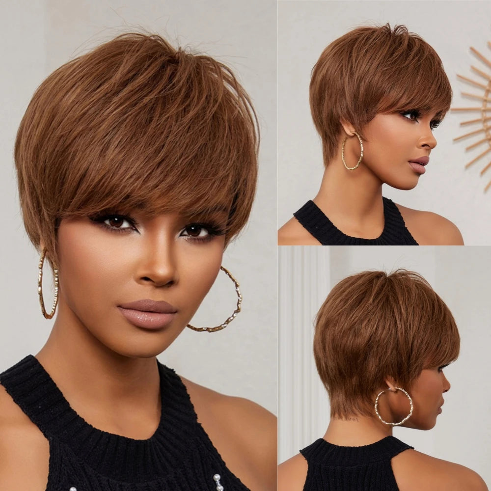 Blonde Human Hair Wigs Dark Root Short Pixie Cut Bob Wigs Machine Made Remy Human Hair Wig for White Women Daily Heat Resistant