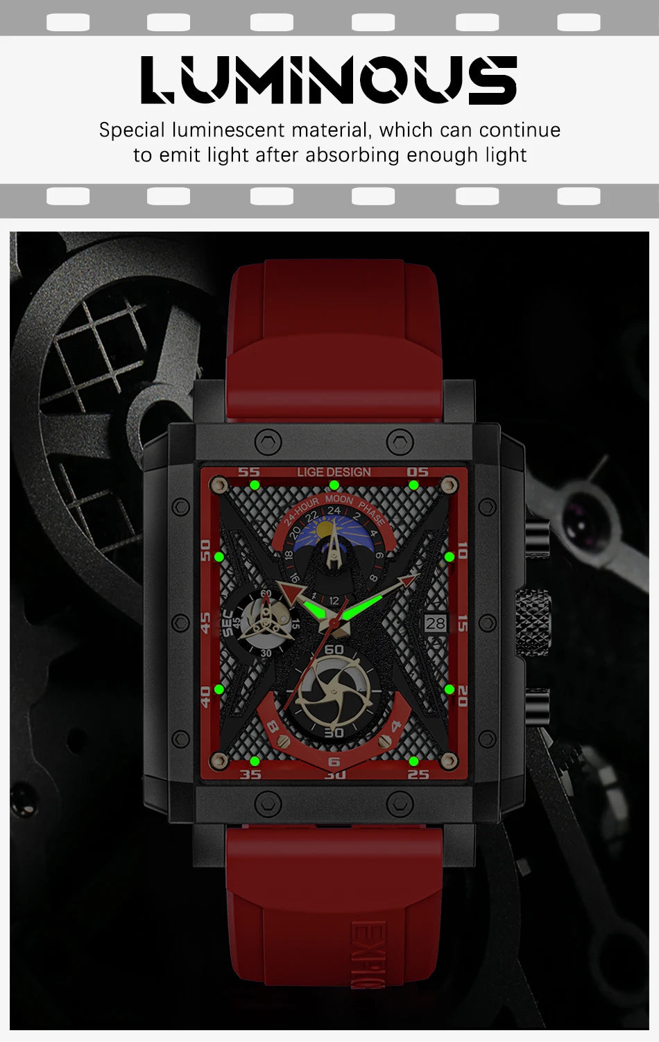 LIGE New Fashion Mens Watches Top Brand Luxury Silicone Quartz Watch For Men Waterproof Chronograph 24 Hour Moon Phase Clock+Box