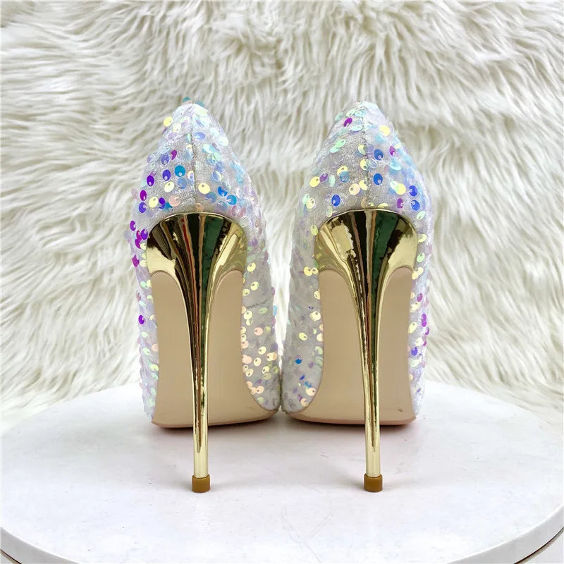 Women Wedding High Heels Fashion Pointed Toe 8CM 10CM 12CM Blingbling Party Dress Shoes Plus Size 45 Glitter Sequis Woman Pumps