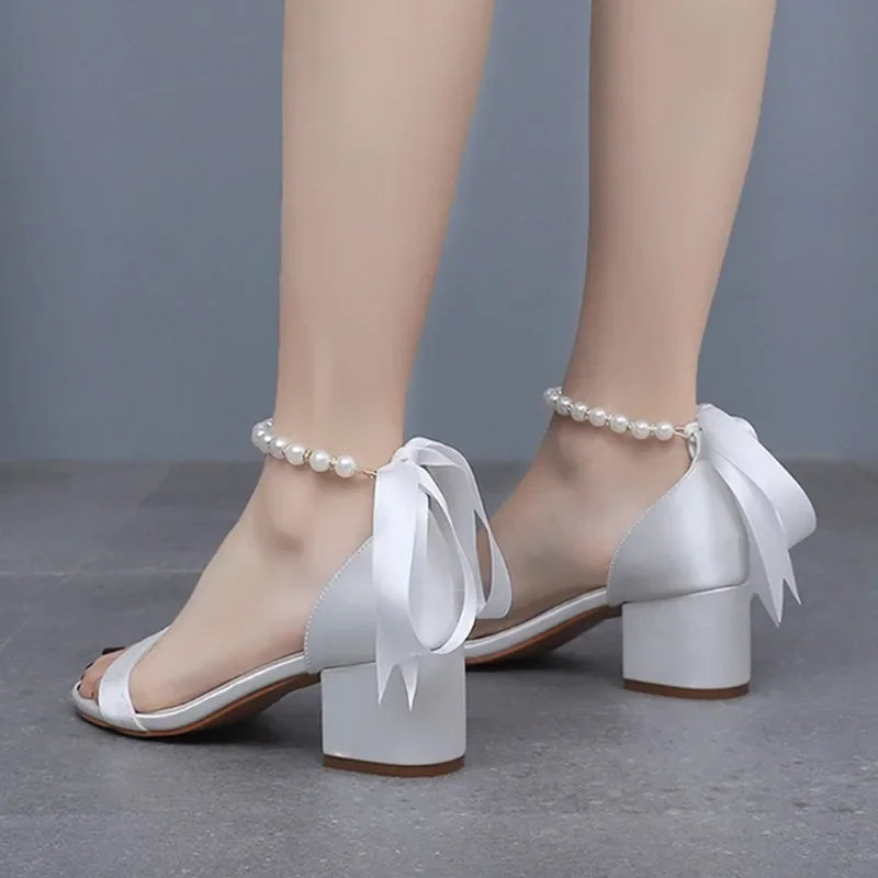 String Bead Sandals for Women Summer Peep Toe Sandals Ladies Fashion Ribbon Bow Thick High Heels Sexy Wedges Wedding Shoes 35-43