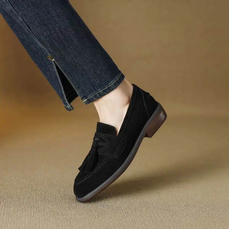 Women's loafers leather shoes Spring New Products Genuine leather sheepskin Nubuck Leather Black/Green/Orange Tassel decoration