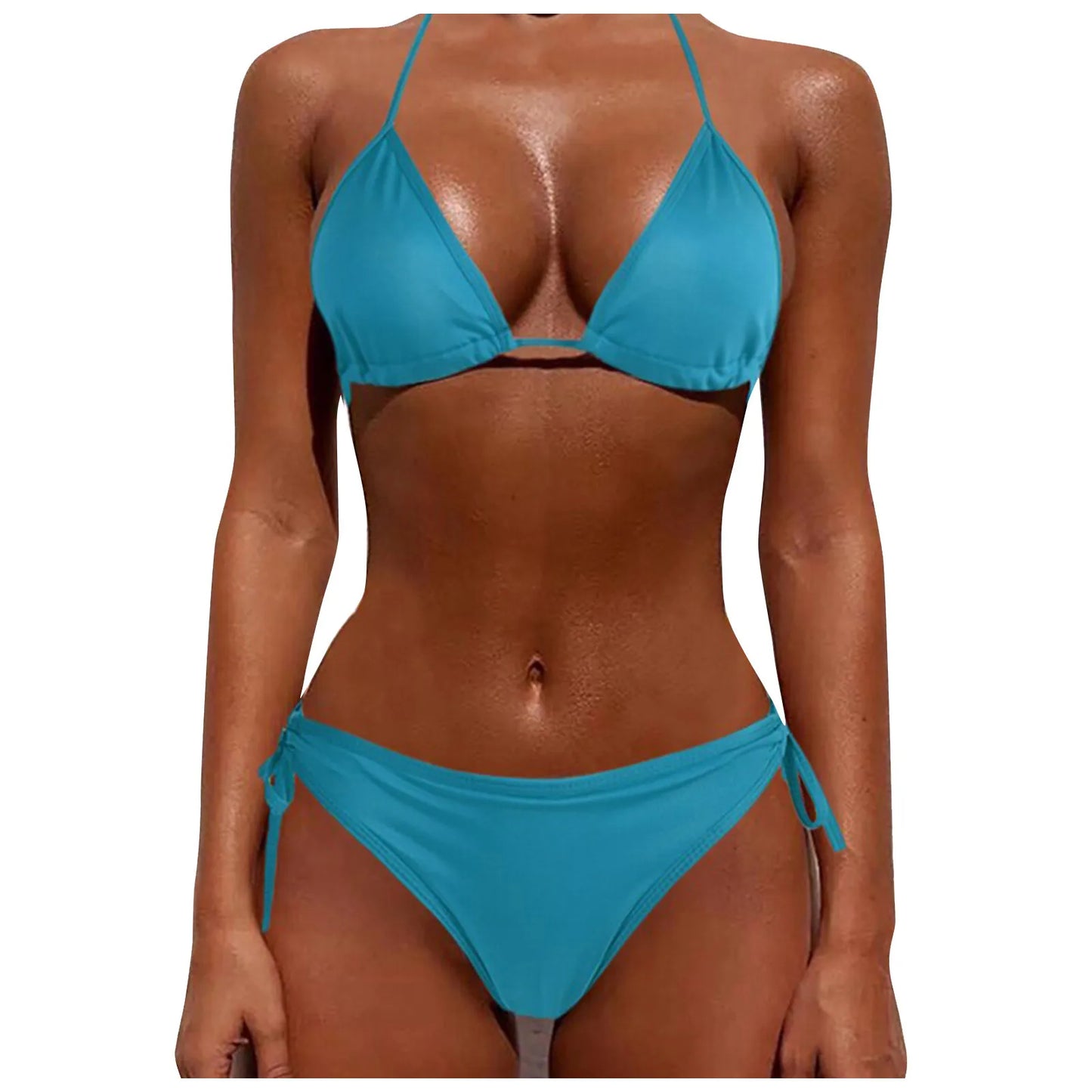 2 Pcs/Set Bikini Set Sexy Bikinis New Solid Color Halter Neck Strap Thong Swimwear Bathing Suit Women Swimsuit Set for Beach