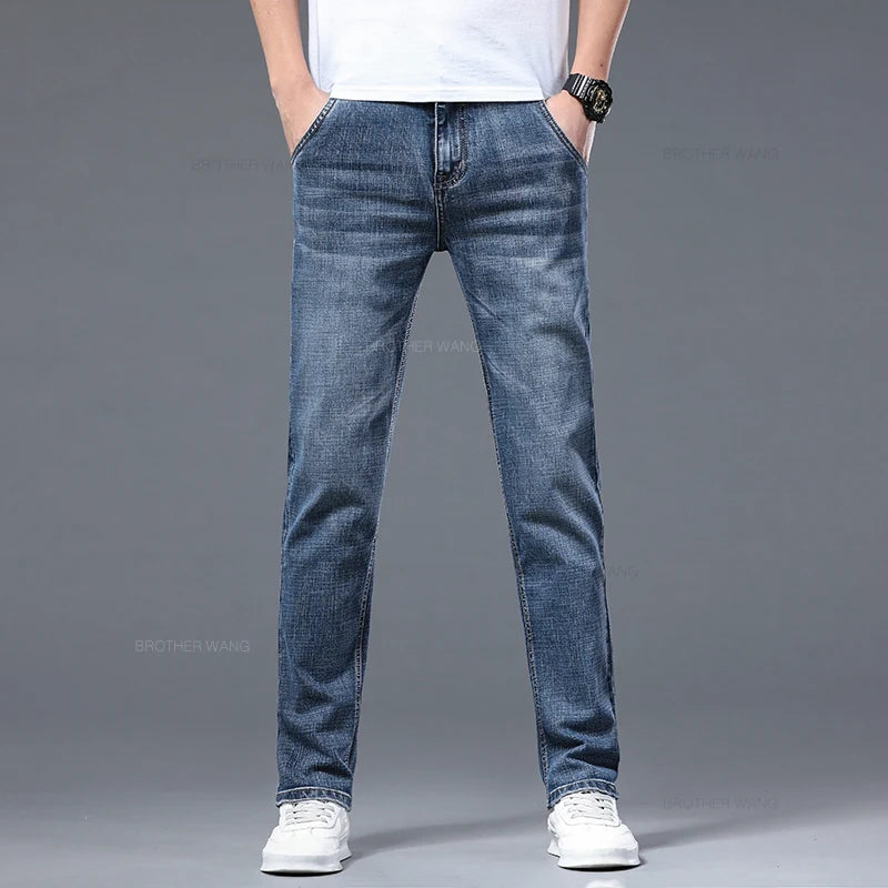 Classic Summer Men's Thin Stretch Fit Jeans Business Casual Slim Fit Denim Pants Soft Fabric High Quality Straight Leg Trousers