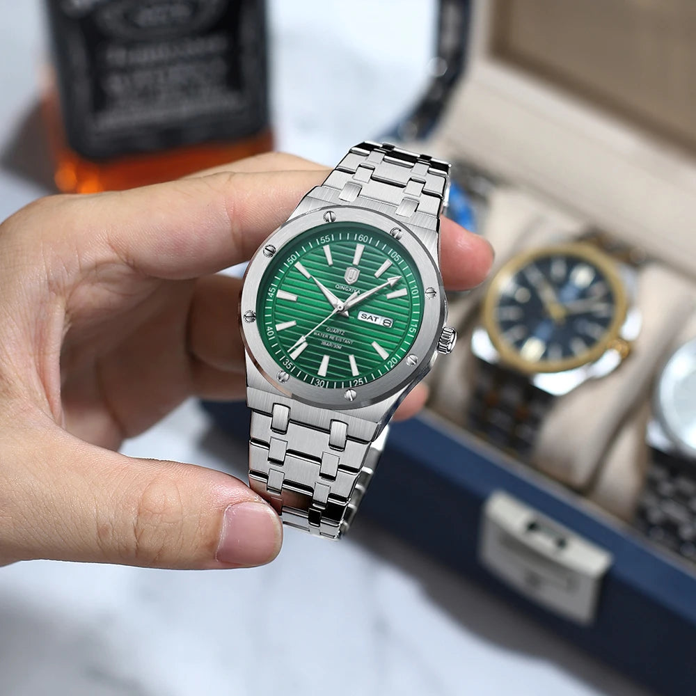 QINGXIYA New Mens Quartz Watches Top Brand Luxury Week Date Man Wristwatch Stainless Steel Waterproof Luminous Sports Men Watch