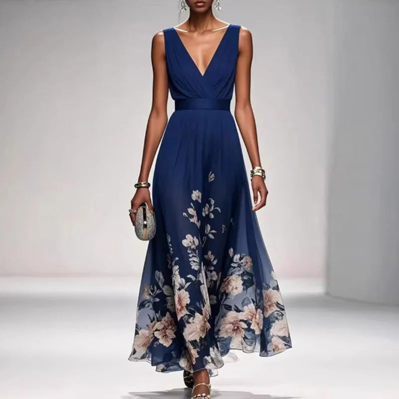 New Fashion Party Dresses Summer Women's Sexy Deep V Neck Floral Print Ruffle Sleeveless High Waist A Line Beach Dress Vestidos