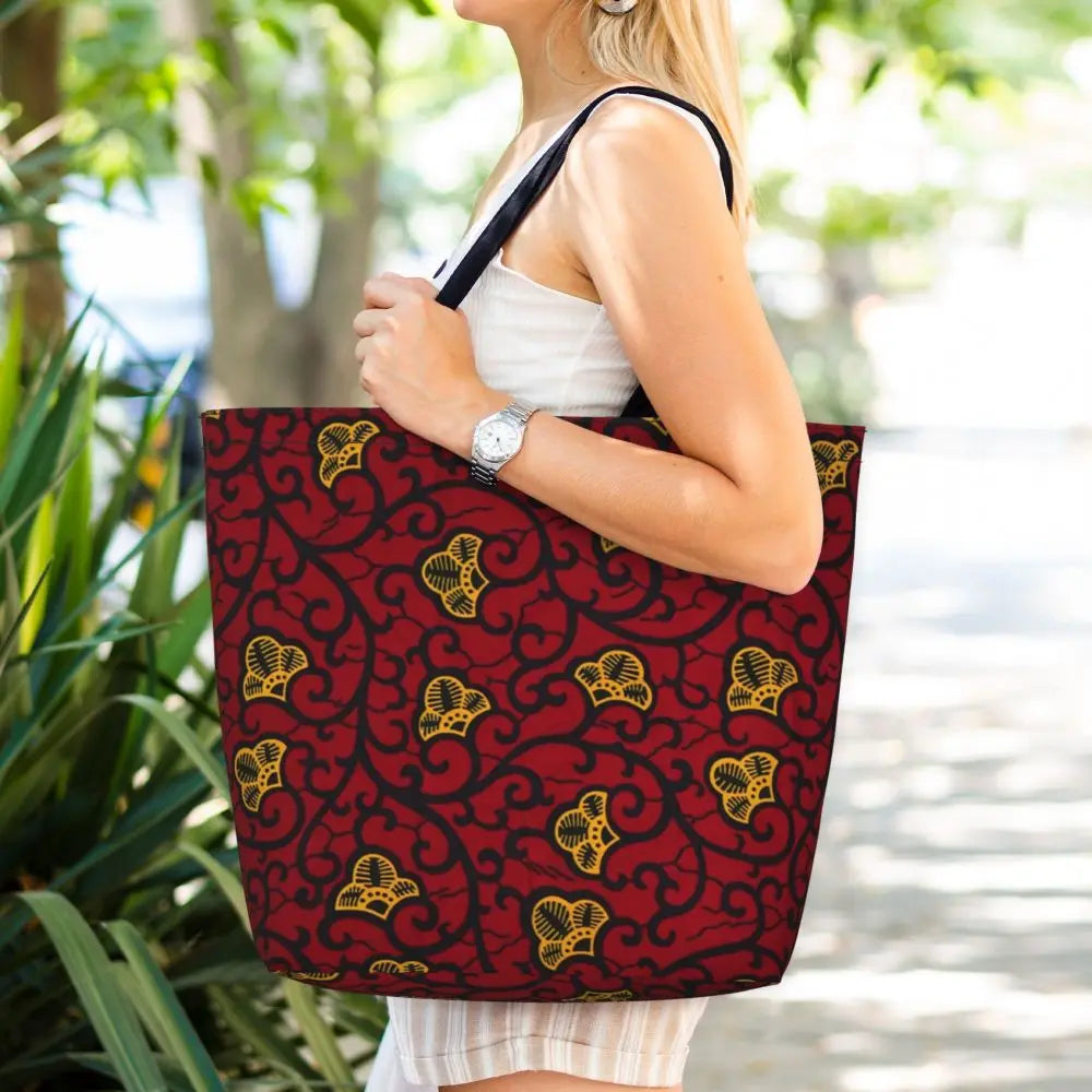 African Ankara Prints Grocery Shopping Tote Bags Women Geometric Ethnic Art Canvas Shoulder Shopper Bags Big Capacity Handbag
