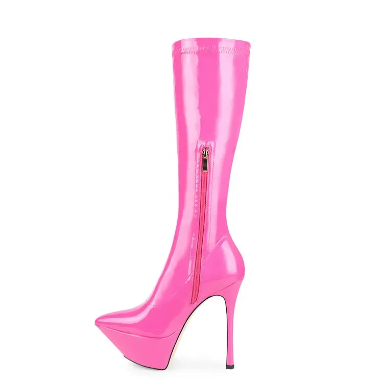 New Women Knee High Boots Patent Leather Pointed 15cm High Heels Winter Short Plush Waterproof Platform Girl Boots Large 34-45