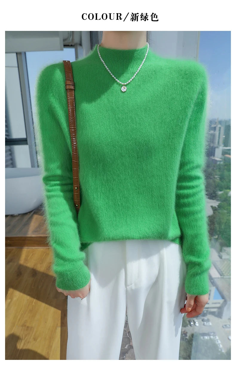 2024 Autumn And Winter New Women's Semi High Neck New Fashion Mink Sweater Long Sleeved Loose Sweater Slimming Knit Sweater Base